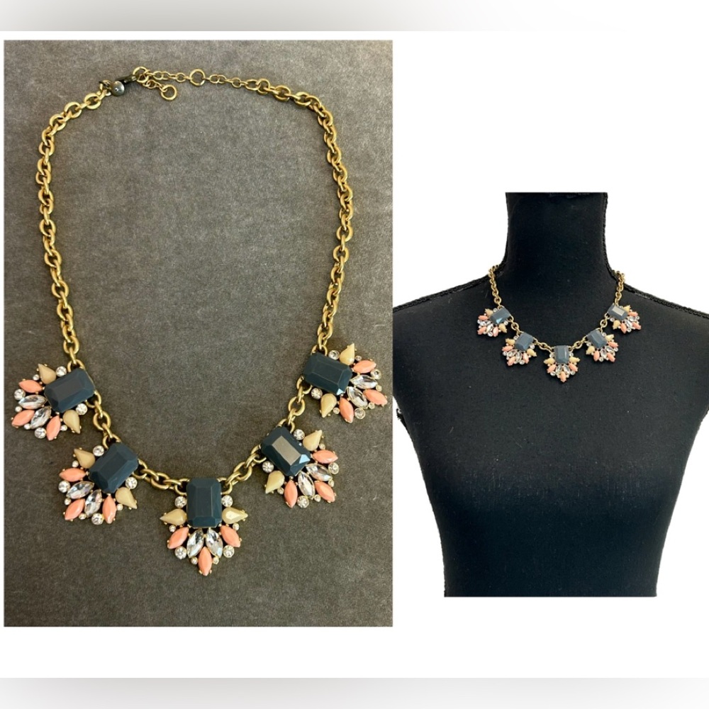 J. Crew peach pink gray clear rhinestone gem jeweled chunky statement necklace